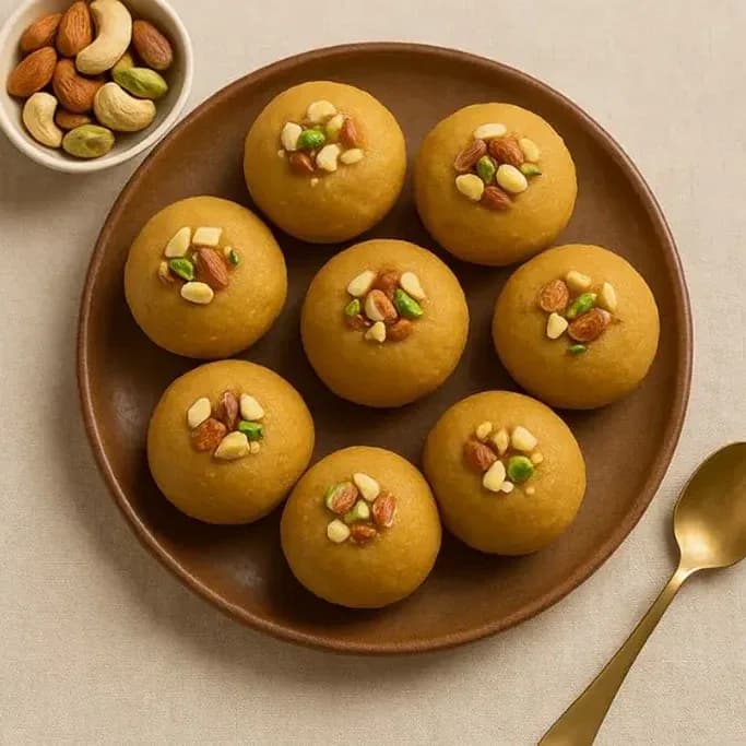 Besan laddoos topped with cashew, almond and pistachio on a brown plate