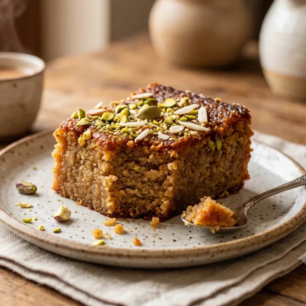 Slice of milk cake topped with pistachio, almond flakes and cardamom, with a spoonful beside it