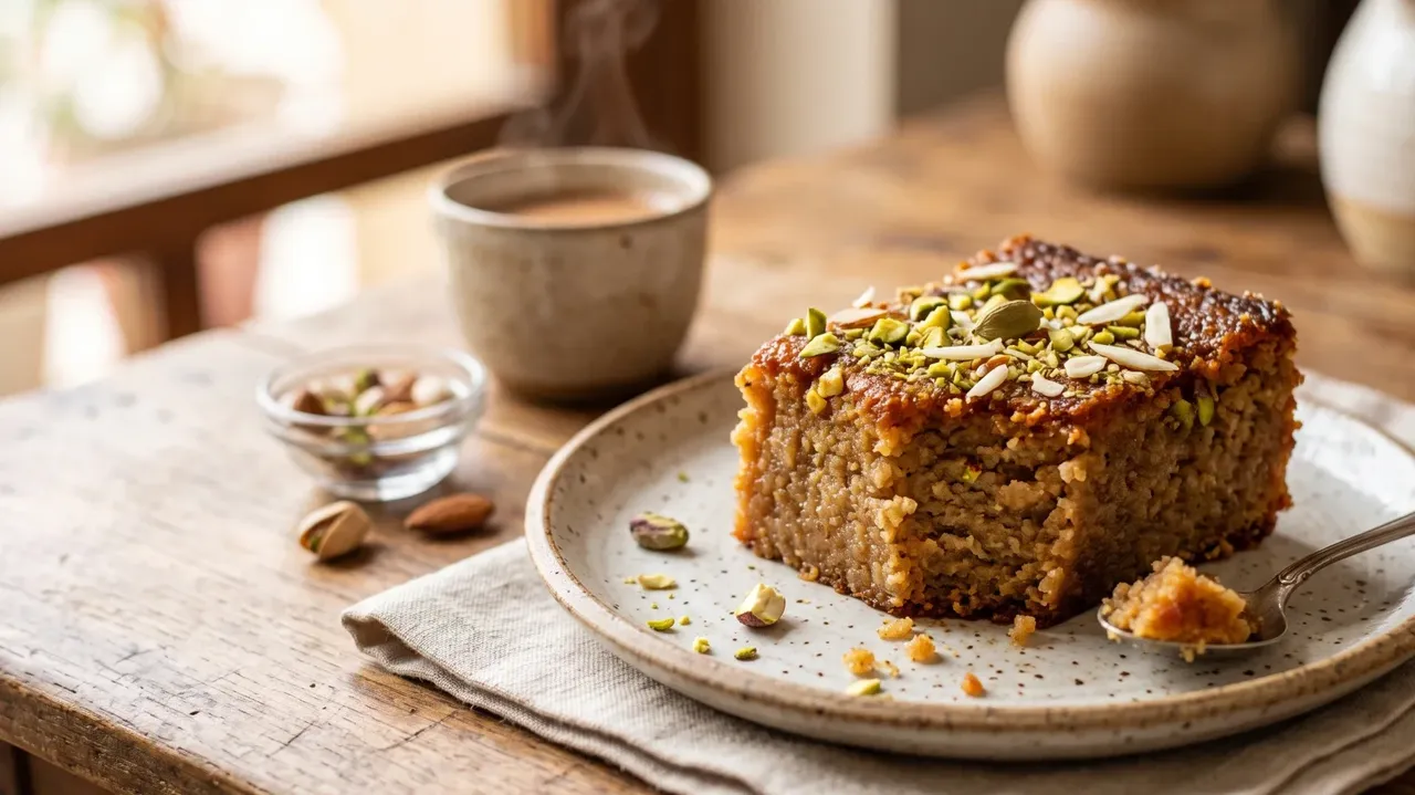 Milk cake on a speckled plate with a cup of chai on a wooden table