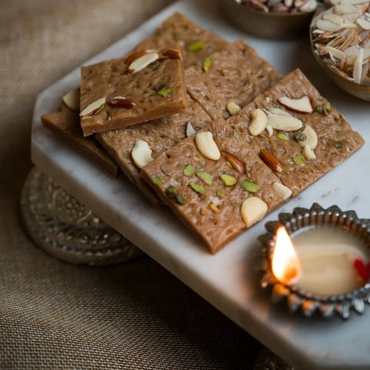 Brown mawa barfi squares studded with nuts