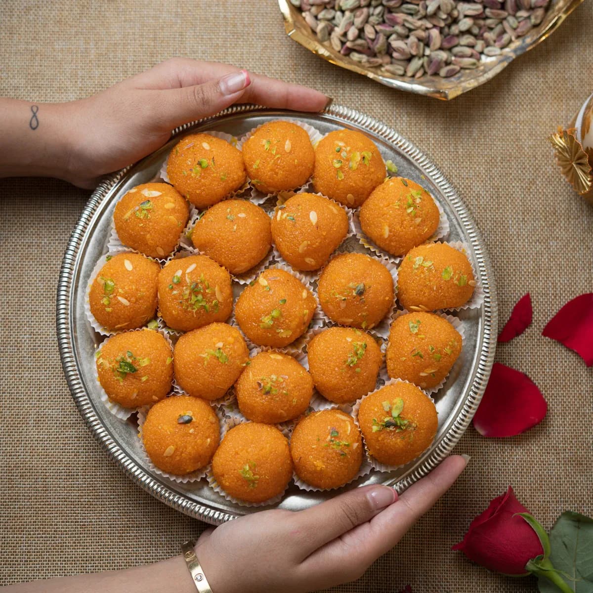 Tray of orange motichoor laddoos